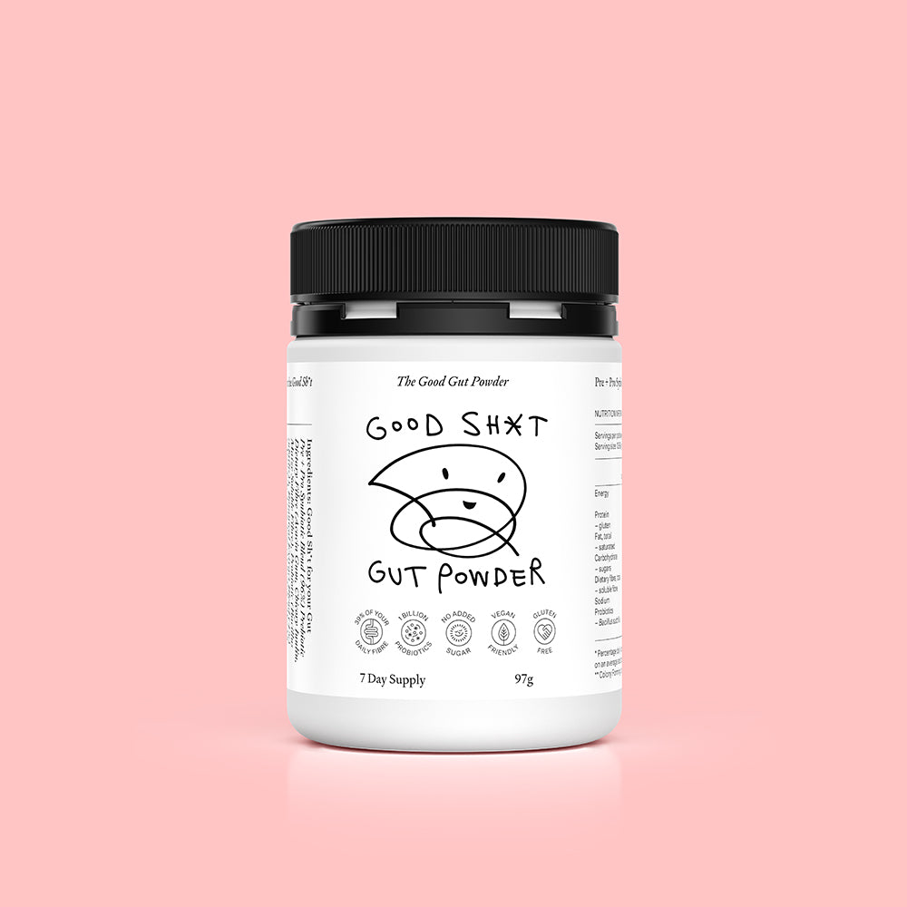 A tub of Good Shit pre + probiotic Gut Powder, containing enough powder for 7 days
