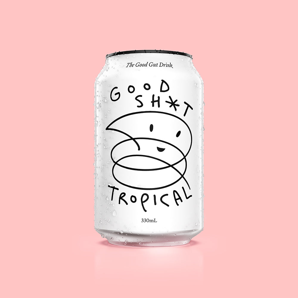 A can of Good Shit tropical pre + probiotic soda with condensation