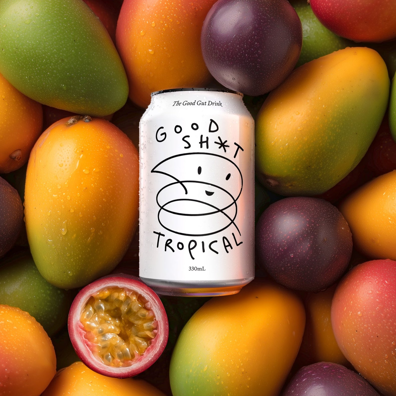 Good Shit Tropical prebiotic drink in can surrounded by colorful tropical fruits