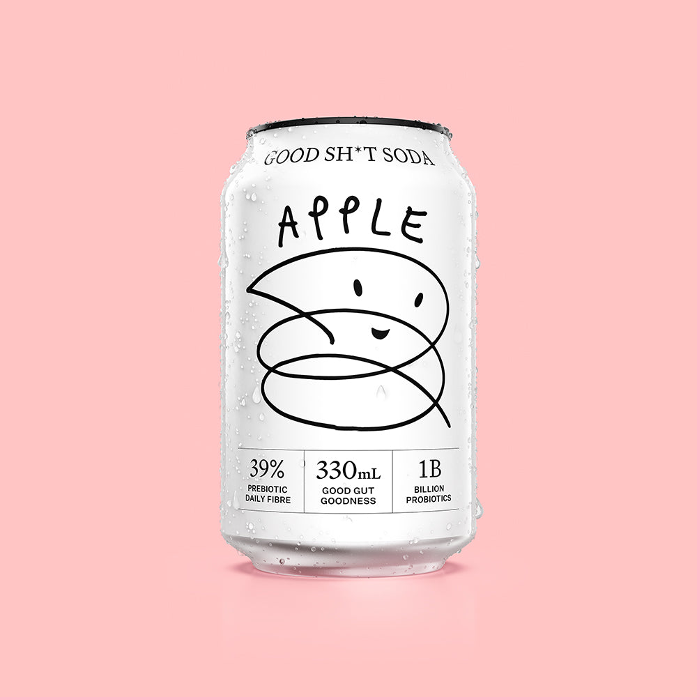 A can of Good Shit apple pre + probiotic soda with condensation