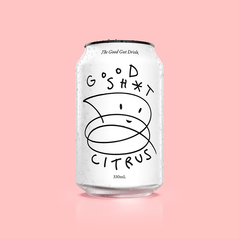 A can of Good Shit citrus pre + probiotic soda with condensation