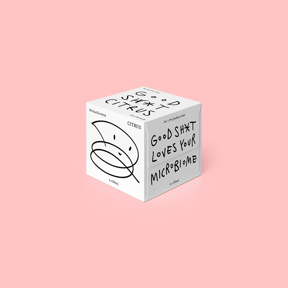 A 4 pack box of Good Shit citrus pre + probiotic soda