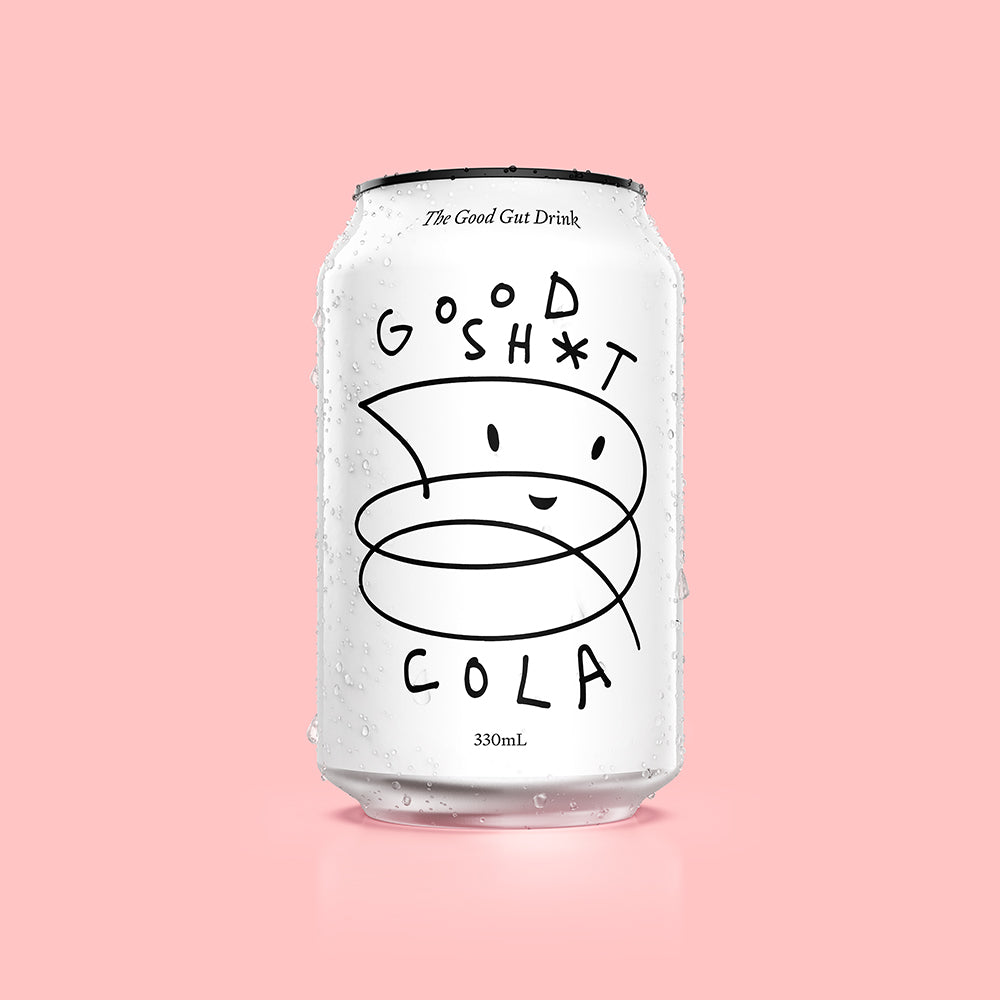 A can of Good Shit cola pre + probiotic soda with condensation