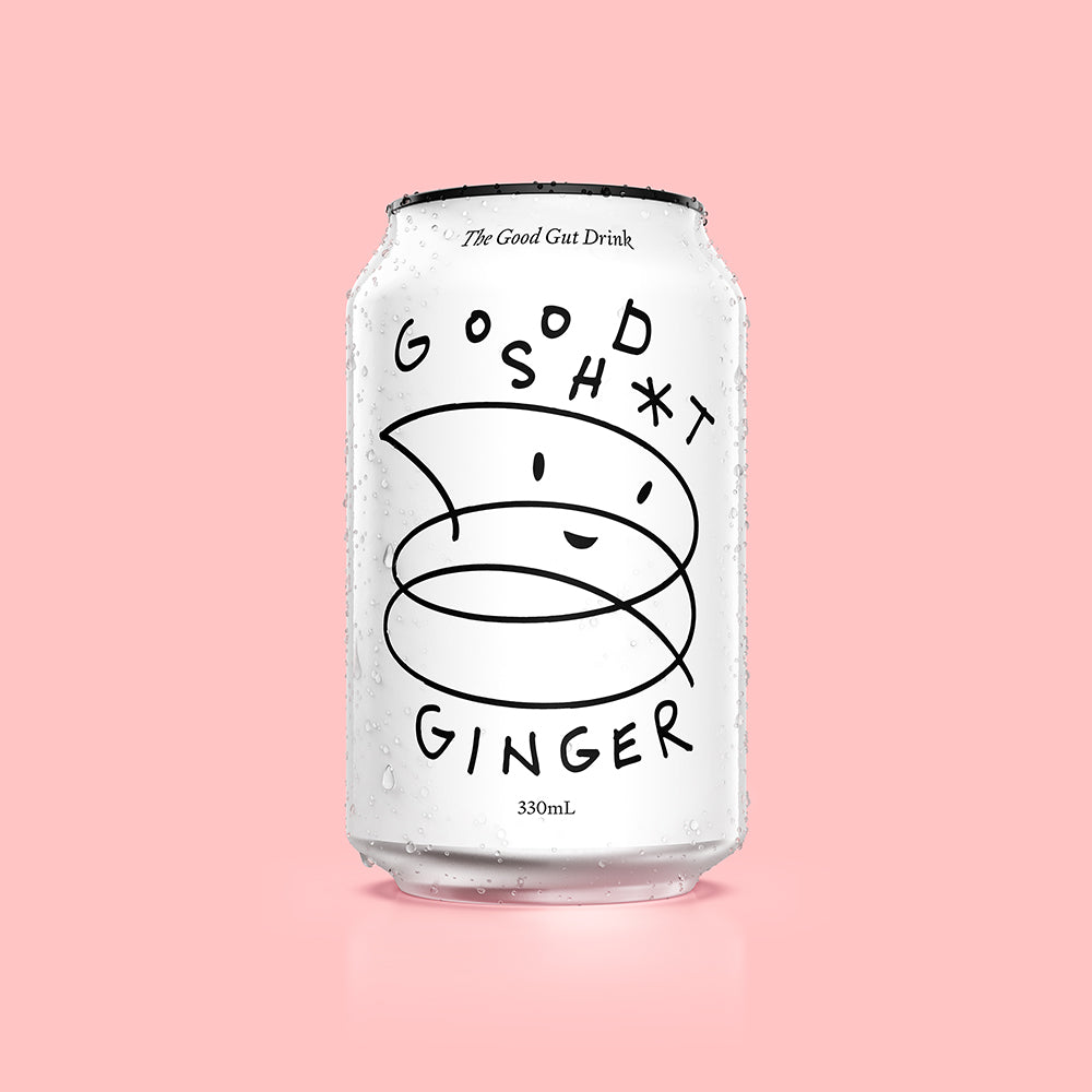 A can of Good Shit ginger pre + probiotic soda with condensation