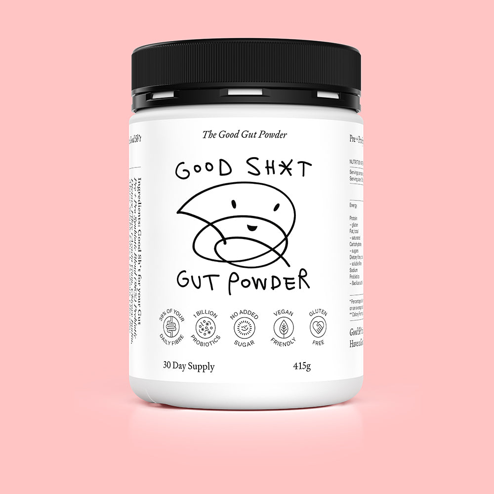 A large tub of Good Shit pre + probiotic Gut Powder, containing enough powder for 30 days