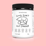 A large tub of Good Shit pre + probiotic Gut Powder, containing enough powder for 30 days