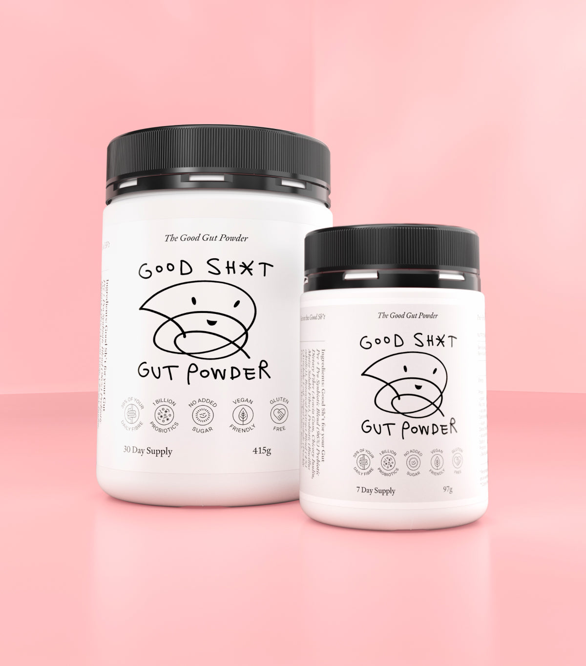 Two tubs of Good Shit pre + probiotic Gut Powder, one containing enough enough pwoder for 7 days, the other containing enough for 30 days 
